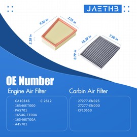 Engine & Cabin Air Filter Set for Nissan Sentra 2.0L L4 2007 2008 2009 2010 2011 2012; Replace: CA10346 16546ET000 16546-ET00A 16546ET00A PA5701 27277-EN025 27277-EN000 CF10550 A45701