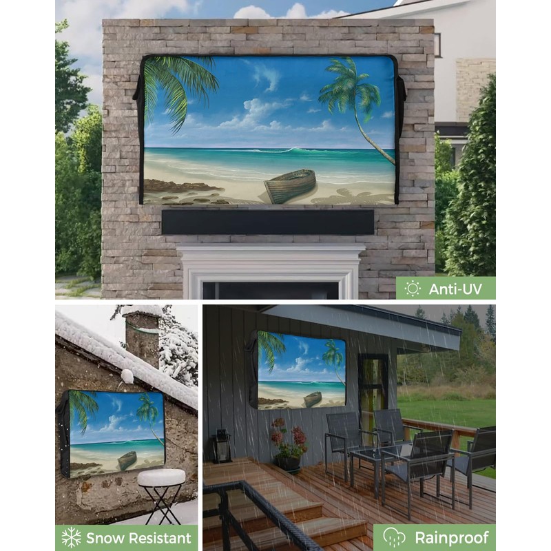 Outdoor TV Cover - Summer Palm Tree Ocean Beach Boat