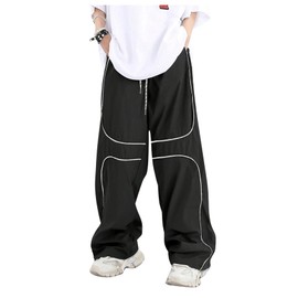 GORGLITTER Men's Baggy Track Pants Y2K Drawstring Elastic Waist Wide Leg Parachute Pants Black Large