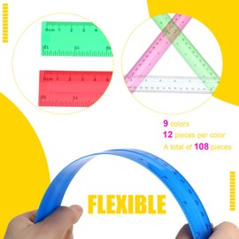 Panelee 108 Packs 12 Inch Plastic Ruler Color Transparent Ruler Assorted Color Metric Clear Ruler with Inches and Centimeters for Kids School Home Classroom Office Back to School Gifts Supplies