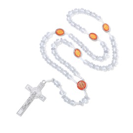 KOMI Catholic Rosary 10mm Large White Clear Crystal Beads Rosary Necklace with St Benedict Medal and Crucifix Cross Communion Rosary Catholic Gifts for Women