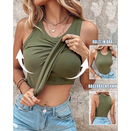 CHICME Tank Tops with Built in Bras Athletic Tank Tops Ribbed Tank Top Running Tops Army Green-M
