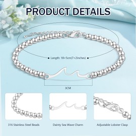 QianSiLi Soul Sister Gifts Women Silver Beaded Bracelets for Women Wave Silver Charm Bracelet Christmas Valentines Day Birthday Gifts for Women Teens