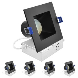 LUXRITE 4 Inch Square LED Recessed Ceiling Light with J-Box, CRI90, 12W, 5CCT Selectable 2700K-5000K, 840 Lumens, Dimmable Canless Downlight, Wet Rated, IC Rated, ETL, Black Trim (4 Pack)