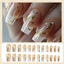Coffin Press on Nails Long White French Tip Fake Nails with Design Gold Glitter Flower Curve False Nails Glue on Nails Artificial Acrylic Nails Stick on Nails for Women 24 Pcs Nail Supplies