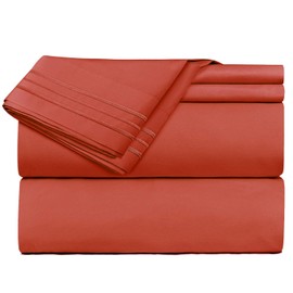 Clara Clark Premier 1800 Series 4 Piece Sheet Set Deep Pocket Brushed Microfiber, Wrinkle, Fade & Stain Resistant, Twin Size, Orange