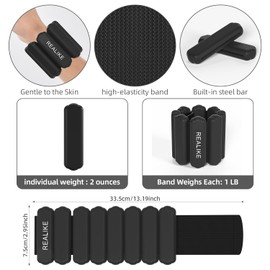 REALIKE Ankle Weights for Women Wrist Leg Adjustable Weighted Wristband for Pilates Yoga Walking Aerobics 2 Pieces in Set 1 lb (453.5 g) Per Piece (Black)