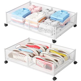 Gawerk Under Bed Storage with Wheels, Foldable Metal Mesh Underbed Storage Container Bins, Tool-free Assembly Clothes Drawer Organizer, 2Pack