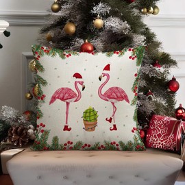 RLCMO Flamingo Christmas Hat Throw Pillow Cover Plant Fruit 18 x 18 Inch Linen for Sofa Couch Decor Room Home Decor Car Cushion Cover