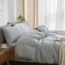 Striped Duvet Cover Set California King Size, 3 Pcs Breathable Durable 100% Washed Cotton Comforter Cover for All Seasons, Chic Linen Like Textured Bedding Set (Light Blue White Pinstripes, Cal King)