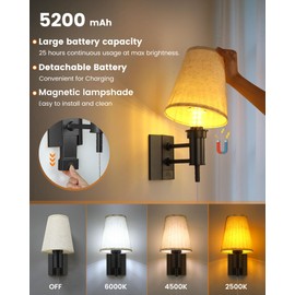 Jantolumi Battery Operated Wall Sconces Black Remote Control, 5200mAh Rechargeable Wireless Wall Lights, Vintage Style 16 Colors Timer & Dimmable Battery Wall Lamp for Bedroom, Living Room, Hallway