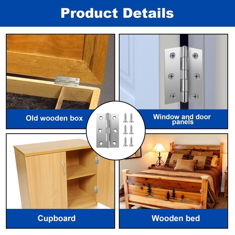 10PCS Hinges for Wood Silver Stainless Steel Hinges 2Inch Small