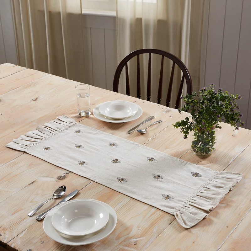 VHC Brands Embroidered Bee, Farmhouse Table Runner, Ruffled, Rectangle, Yellow