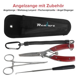 Realure 3-Piece Multifunctional Fishing Pliers Set with Lanyard, Includes Ateria Pliers, Hook Remover, Fishing, Line Cutter, Fishing Pliers for Hook Remover, Snap Ring, Portable, Stainless Steel (Red)