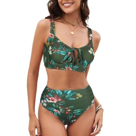 ZAFUL Green Flowers Bathing Suits for Women Lace Up Push up 2 Piece Bathing Suits for Women Over 50 Green Flowers L