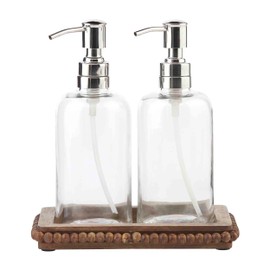 Mud Pie Glass Soap Pump and Brown Beaded Wood Tray Set, 7" x 4"
