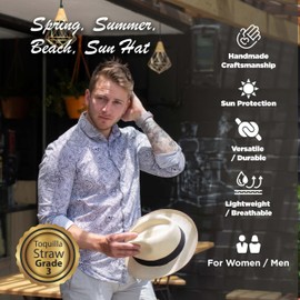 Bigalli Puerto Cayo Original Panama Hat for Women Men Summer & Beach Hat, Center Dent Shape with Grosgrain Ribbon, Toquilla Straw Grade 3 | UV Protection SPF 30 | Sun Fedora Hats | White Small