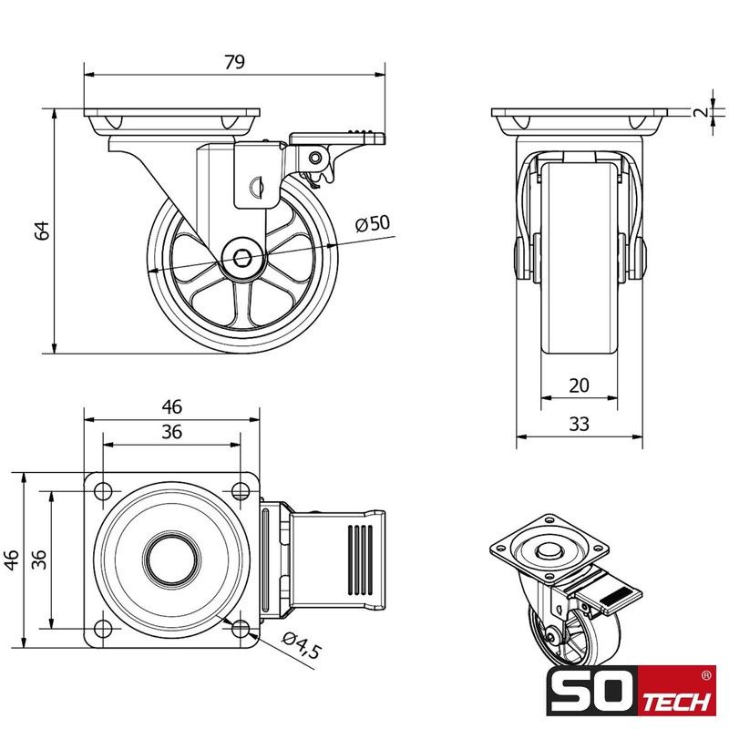 SOTECH Set of 4 Shift Design Castors Diameter 50 mm