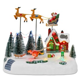 innodept12 Animated Christmas Village with Santa Sleigh and Reindeer, LED Lighted House Village with Moving Figurines, Musical Indoor Christmas Decoration, Holiday Collectible Display Scene
