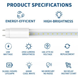 4 Pack T8 LED Bulbs 4 Foot, 14W 2450LM 6000K Super Bright, Type A+B 4FT LED Bulbs, Fluorescent Tubes Replacement, Plug & Play or Ballast Bypass, Clear Cover