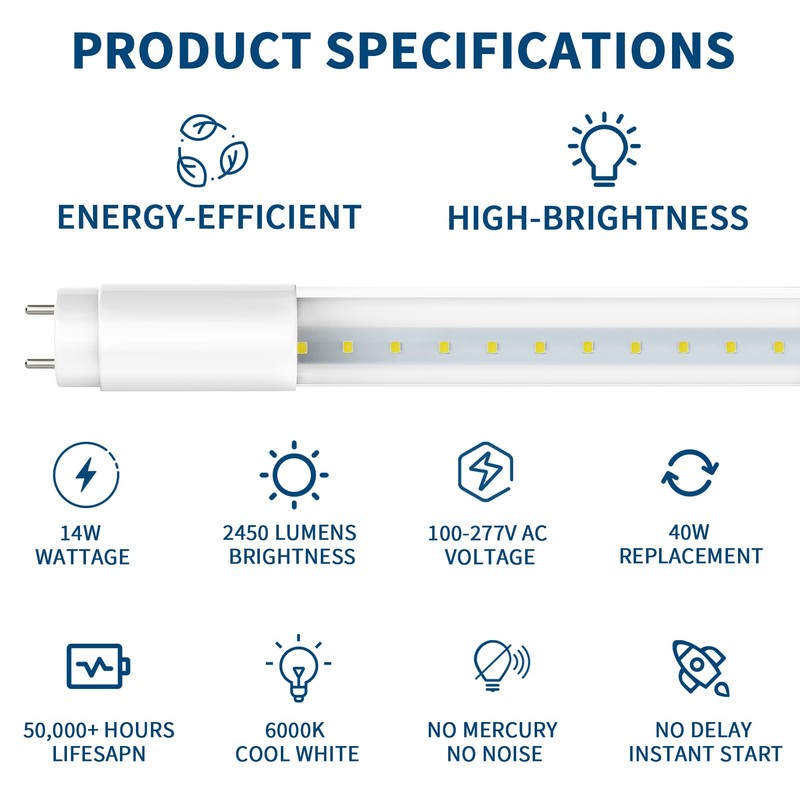 4 Pack T8 LED Bulbs 4 Foot, 14W 2450LM 6000K