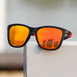 kimorn Polarised Sunglasses Classic Style Flexible Bendable Temple Golf Cycling Sports Fishing Travel Sunglasses, Matte black, red, orange