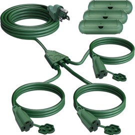 Extension Cord 1 to 3 Splitter, Max 13/28/38FT End to End (25/40/50FT Total), with 3 Weatherproof Covers for Indoor and Outdoor, 16/3 SJTW Weatherproof Wire for Holiday Decoration Light, UL Listed, Green/Black - Color: Green, Size: 40FT