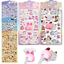 Fuwa-Moji 3D Stickers, Set of 5 [Cat and Rabbit Back Style + Deco] Squishy Squishy Cat Rabbit Notebook Smartphone Removable Sticker Children Girls Gift (Glittery)