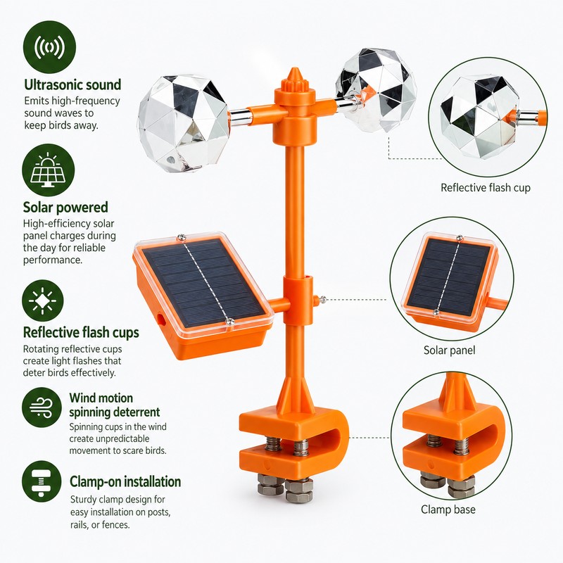 Solar Bird Repeller for Gardens – 3-in-1 Motion, Reflective Flash