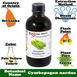 Essential Depot Citronella Essential Oil - GC/MS Tested - Supplied in 4 oz. Amber Glass Bottle with Black Phenolic Cone Lined and Safety Sealed Cap