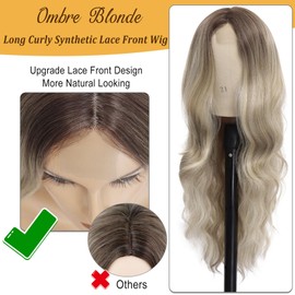 Mairead 26 Inch Ombre Blonde Synthetic Lace Front Wigs for Black Women Middle Part Long Wavy Curly Synthetic Wig Natural Looking Heat Resistant Synthetic Fiber for Daily Party Use