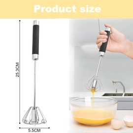 Semi-automatic whisk, stainless steel whisk, semi-automatic, rotating push whisk, stainless steel, milk frother, semi-automatic whisk for mixing, beating, frothing and stirring