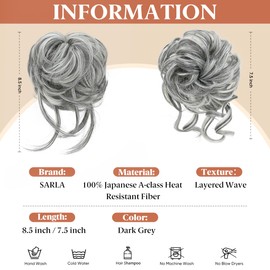 SARLA 2PCS Grey Messy Bun Hair Pieces for Women Wavy Curly Synthetic Hairpieces for Updos with Tendrils Fake Scrunchies Ponytail Extension Dark Grey