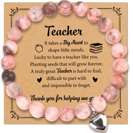 Hisxierng Thank You Teacher Bracelet Appreciation Gifts from Student - Unisex Pink Stone Beaded Stretch Bracelet - Valentines Day, Christmas, Graduation, Birthday, Thanksgiving