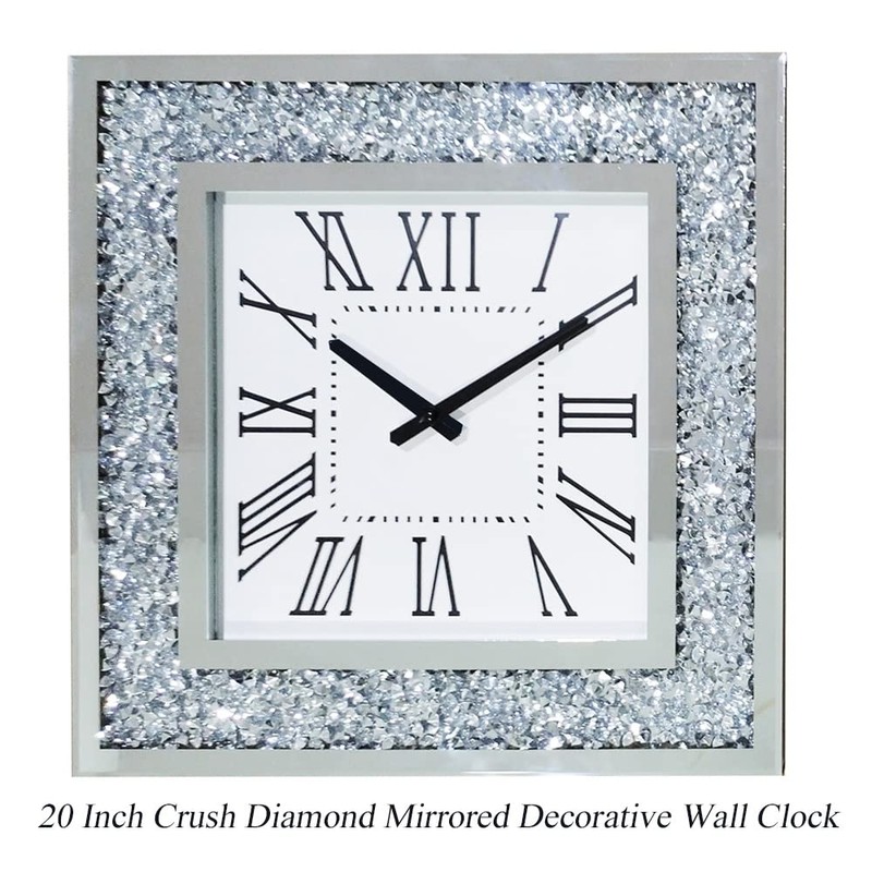 Silver Mirror Clock Crystal Sparkle Twinkle Bling Crush Diamond Mirrored