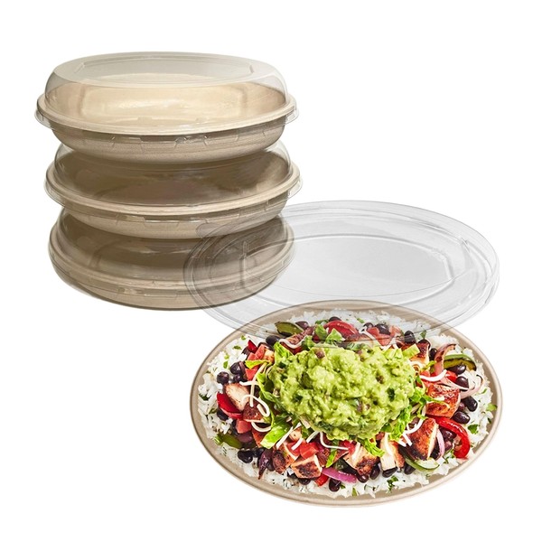 32 oz Disposable Compostable Fiber Oval Burrito Bowls with Dome