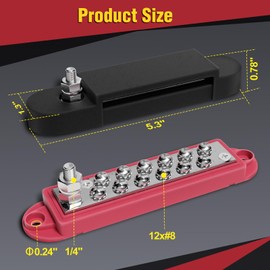 Mofeez Bus Bar Power Distribution Block 48V 150A with Copper Lug, 1 x 1/4 Posts, 12 x #8 Screws Terminals Marine Bus Bar for Marine, Automotive, and Solar Wiring