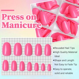 LoveOurHome 240pc Oval Press on Nails Short Fake Nails, XS Oval Press on Nails Short Glue on Nails Hot Pink Acrylic Nail Press ons False Nail Tips Artificial False Fingernail with Glue Adhesive Tabs