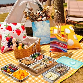 DEESEEUS Stainless Steel Snack Containers - Reusable Double Compartment Bento Box with Lids, Leakproof & Dishwasher-Safe Food Storage for Travel, Camping, Takeout