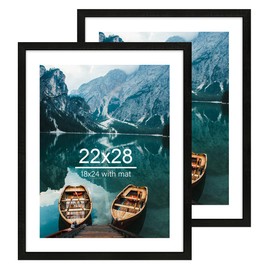 Hongkee 22x28 Frame Set of 2, Rustic Black Wood Style - Display 18x24 Picture Frame with Mat or 22 x 28 Poster Frame without Mat, Wall Mounting Horizontal and Vertical