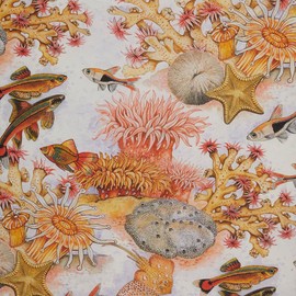 Kt KILOtela - Digital Printed Half Panama Canvas Fabric 100% Organic Cotton Oeko-Tex Standard 100 - Length 100cm x Width 280cm Navy Blue Reef - Coral Pink, Orange, Purple - 1 Metre