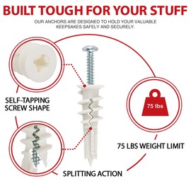 CrimsonMark 160Pcs Self Drilling Drywall Anchors and Screws kit #8 x 1-1/4”- Superb Wall Anchors for Drywall, Holds upto 75lbs – No Drill Hole Required with These Dry wall screws and anchors