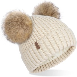 FURTALK Knit Beanie Hats for Women Double Layer Fleece Lined with Real Fur Pom Pom Winter Hat Beige