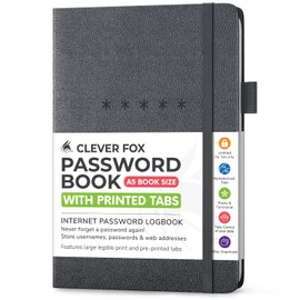 Clever Fox Password Book – Alphabetized Internet Address & Password Organizer – Computer & Website Password Keeper Notebook – Log-In Password Journal - Medium, A5, 8.3x5.8″, Hardcover (Mystic Gray)