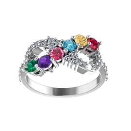 Central Diamond Center Infinity Mothers Ring with 1 to 6 Simulated Birthstones - Platinum Plated Silver - 6 Birthstones - Size 7.5