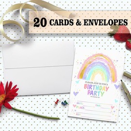 Birthday Party Invitation Cards, Rainbow Happy Birthday Party Invites, Colorful Birthday Party Celebration Invitations for Kids Children Girls Boys, 20 Cards with 20 Envelopes