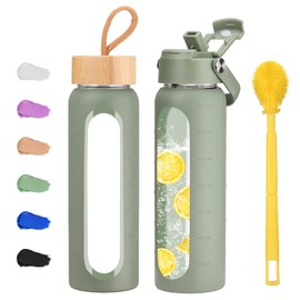 Olivego 24 oz Glass Water Bottle with 2 Lids-Handle Straw Lid & Bamboo Lid,1 Liter Motivataional Tumbler Water Bottle Time Marker, Borosilicate Glass Water Bottles With Silicone Sleeve, Leakproof