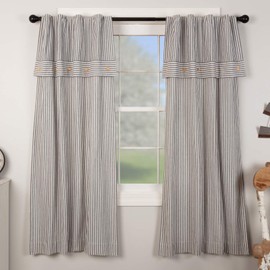 Farmhouse Ticking Stripe Gray Panel Curtains, Set of 2, 63" Long, Farmhouse Style Panels w/Attached Valance & Button Accents