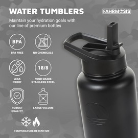 FAHRMOSIS 32 Oz Water Bottle with Straw & Holder Strap | Insulated Water Bottle Water Jug Includes 3 Lids Water Bottles | Stainless Steel Water Bottle for Men & Women - Black