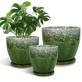 EPFamily Ceramic Planters 3 Pack - 10 Inch 8 Inch 6 Inch Plant Pots for Indoor Outdoor, Round Decorative Flower Pots with Drainage Holes and Saucers, Garden Home Decor, Gift for Women Men, Green